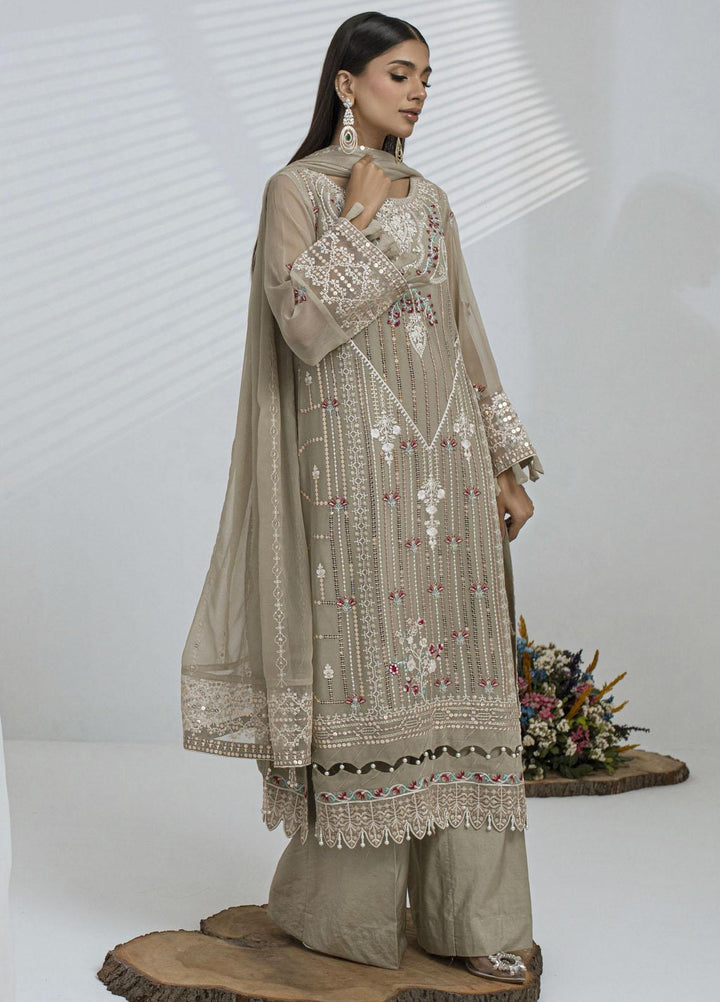 Sitara By Shamooz Embroidered Chiffon Suits Unstitched 4 Piece SHM23ST SU-078 Classy Beige - Festive Collection