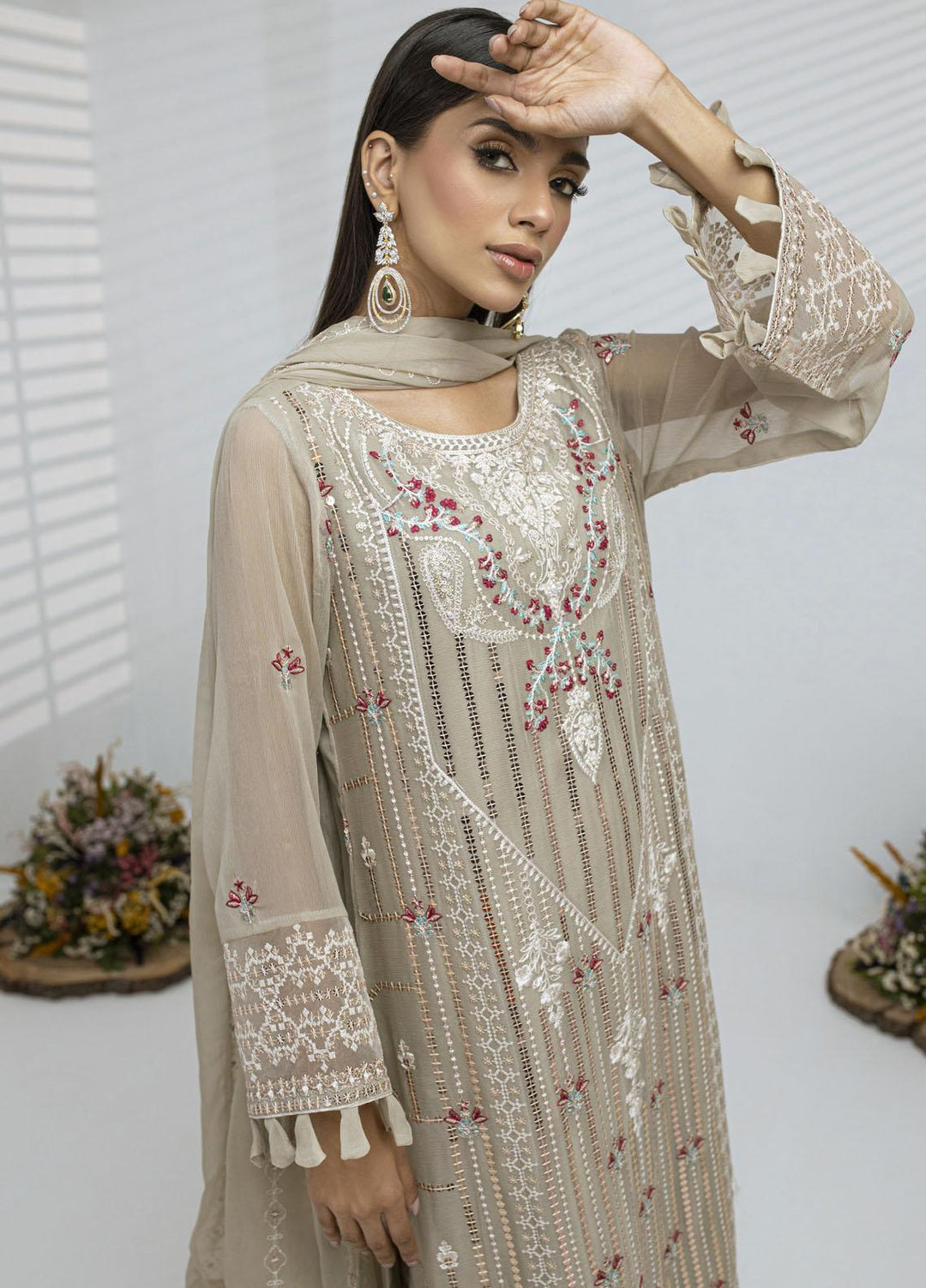 Sitara By Shamooz Embroidered Chiffon Suits Unstitched 4 Piece SHM23ST SU-078 Classy Beige - Festive Collection