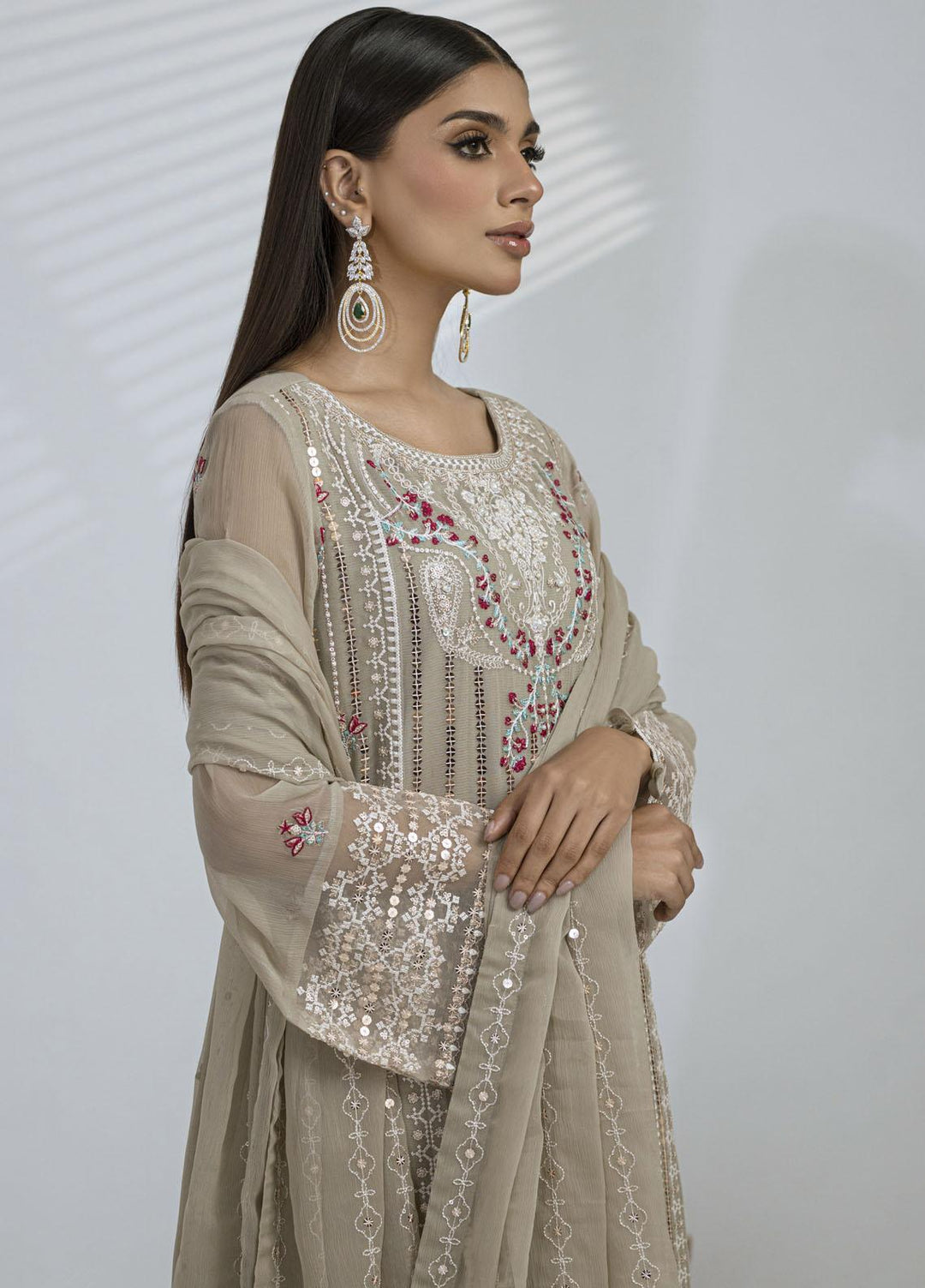 Sitara By Shamooz Embroidered Chiffon Suits Unstitched 4 Piece SHM23ST SU-078 Classy Beige - Festive Collection