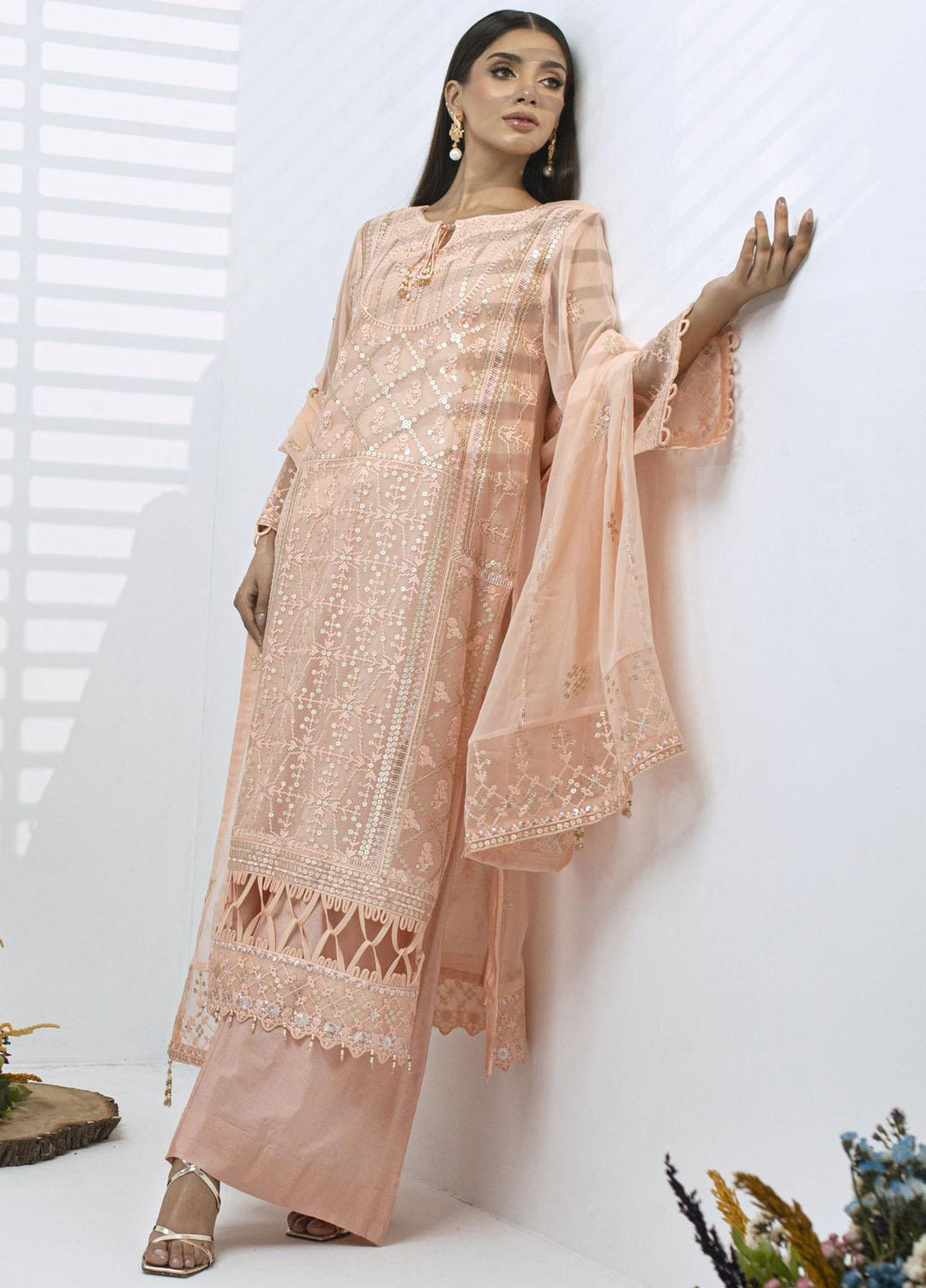 Sitara By Shamooz Embroidered Chiffon Suits Unstitched 4 Piece SHM23ST SU-079 Coral - Festive Collection