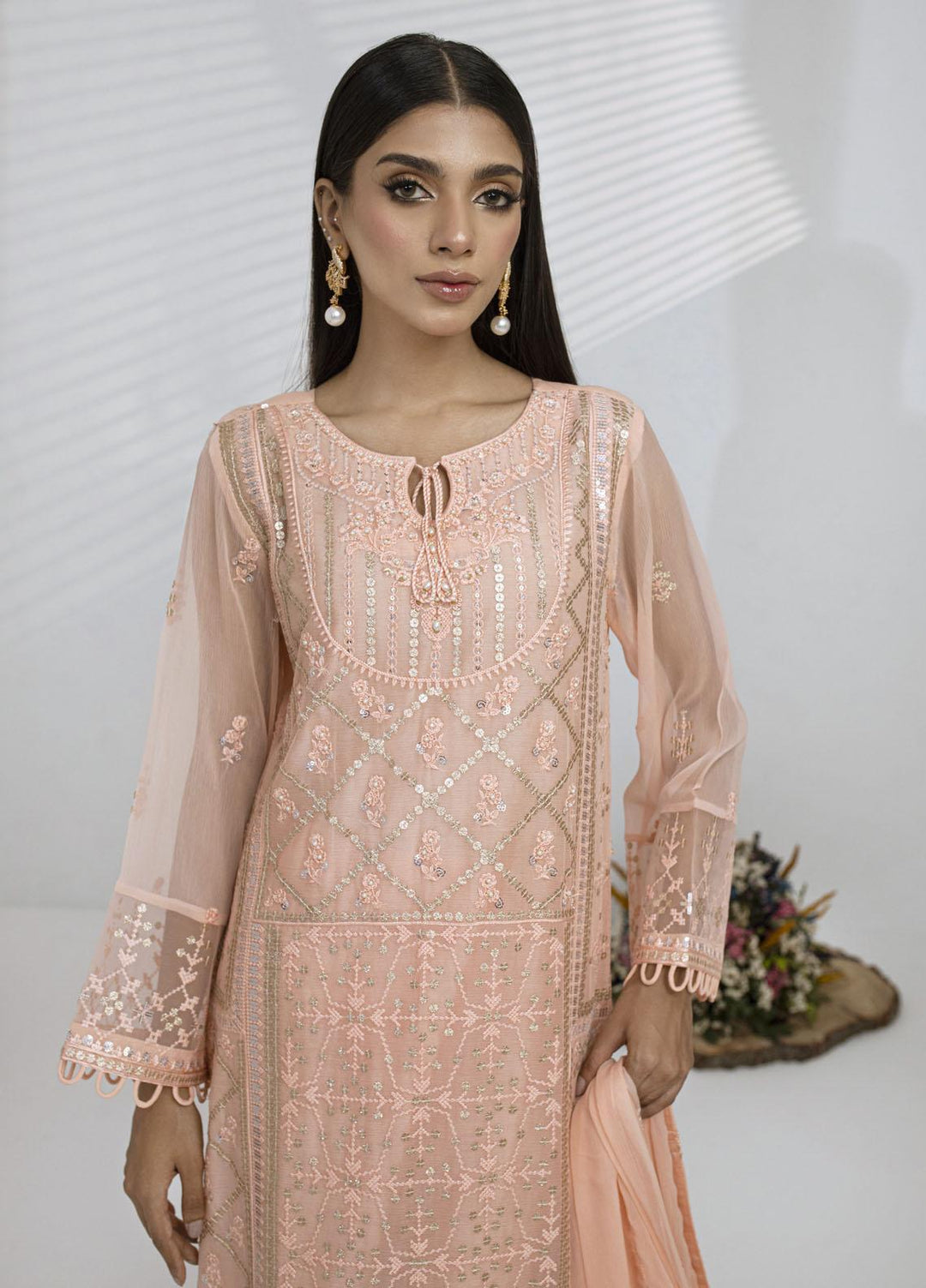 Sitara By Shamooz Embroidered Chiffon Suits Unstitched 4 Piece SHM23ST SU-079 Coral - Festive Collection