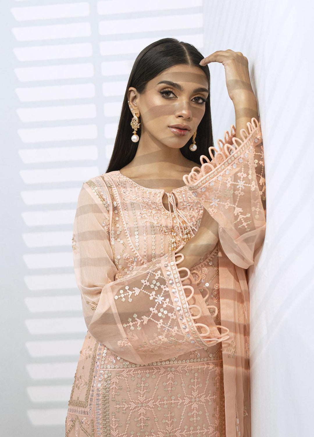 Sitara By Shamooz Embroidered Chiffon Suits Unstitched 4 Piece SHM23ST SU-079 Coral - Festive Collection