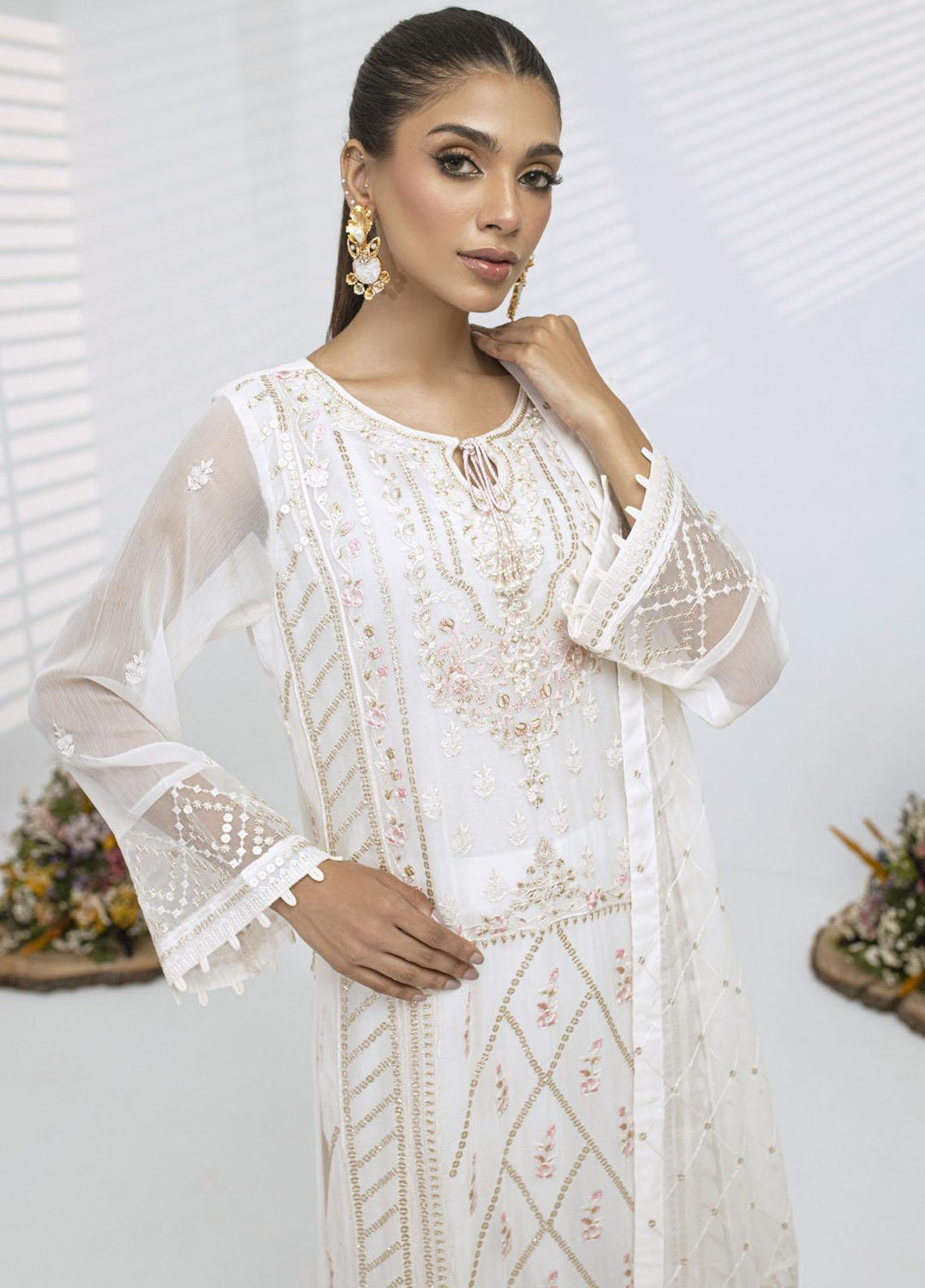 Sitara By Shamooz Embroidered Chiffon Suits Unstitched 4 Piece SHM23ST SU-081 Pearl White - Festive Collection