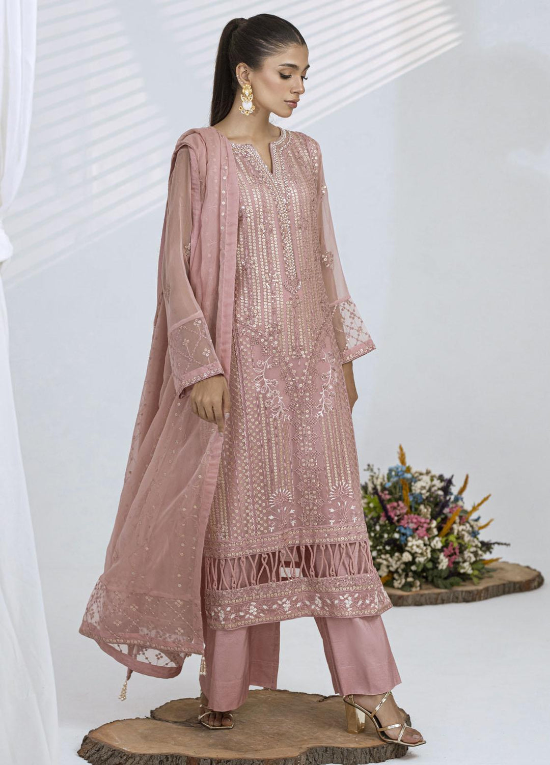 Sitara By Shamooz Embroidered Chiffon Suits Unstitched 4 Piece SHM23ST SU-082 Tea Rose - Festive Collection