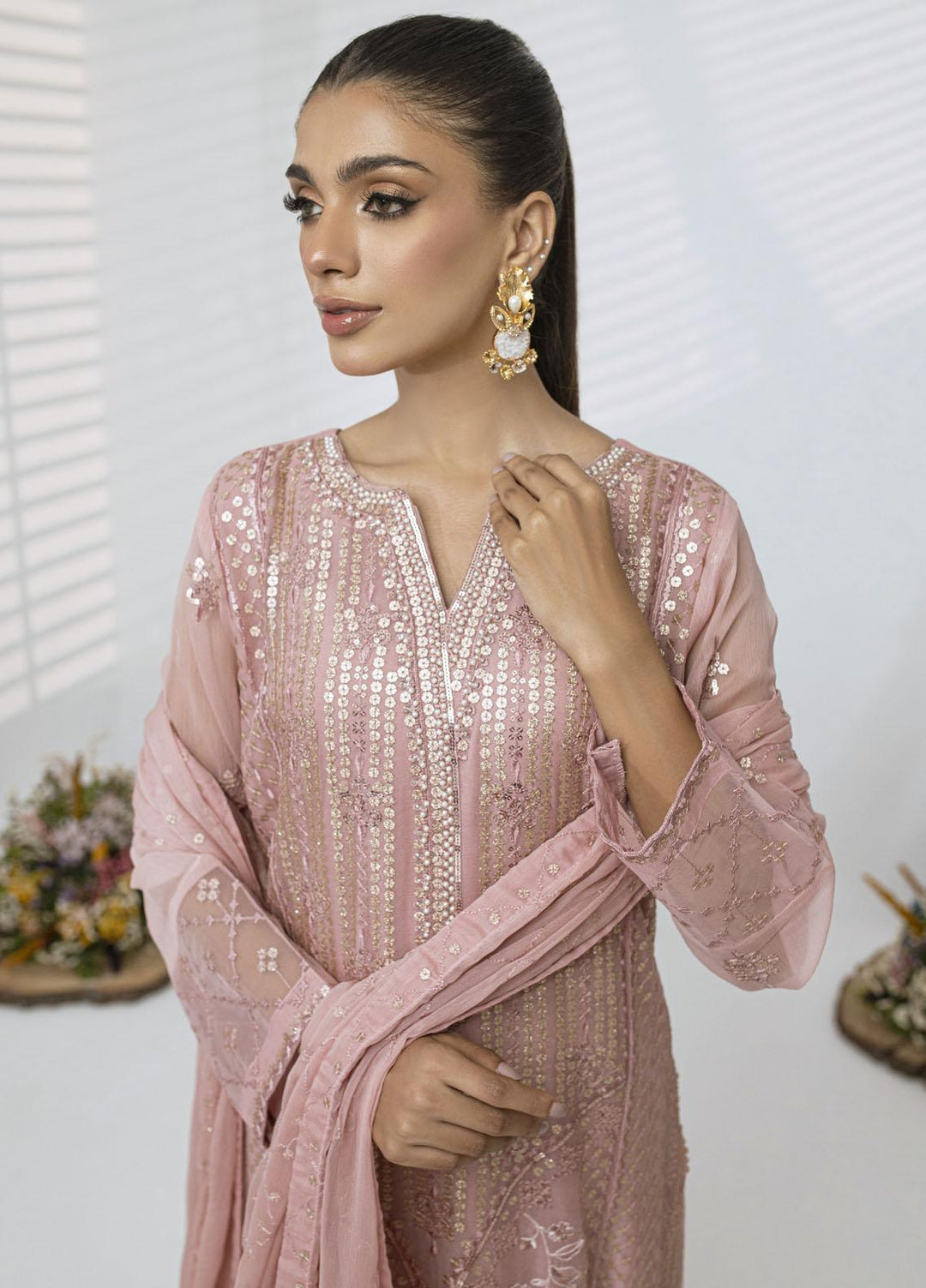 Sitara By Shamooz Embroidered Chiffon Suits Unstitched 4 Piece SHM23ST SU-082 Tea Rose - Festive Collection