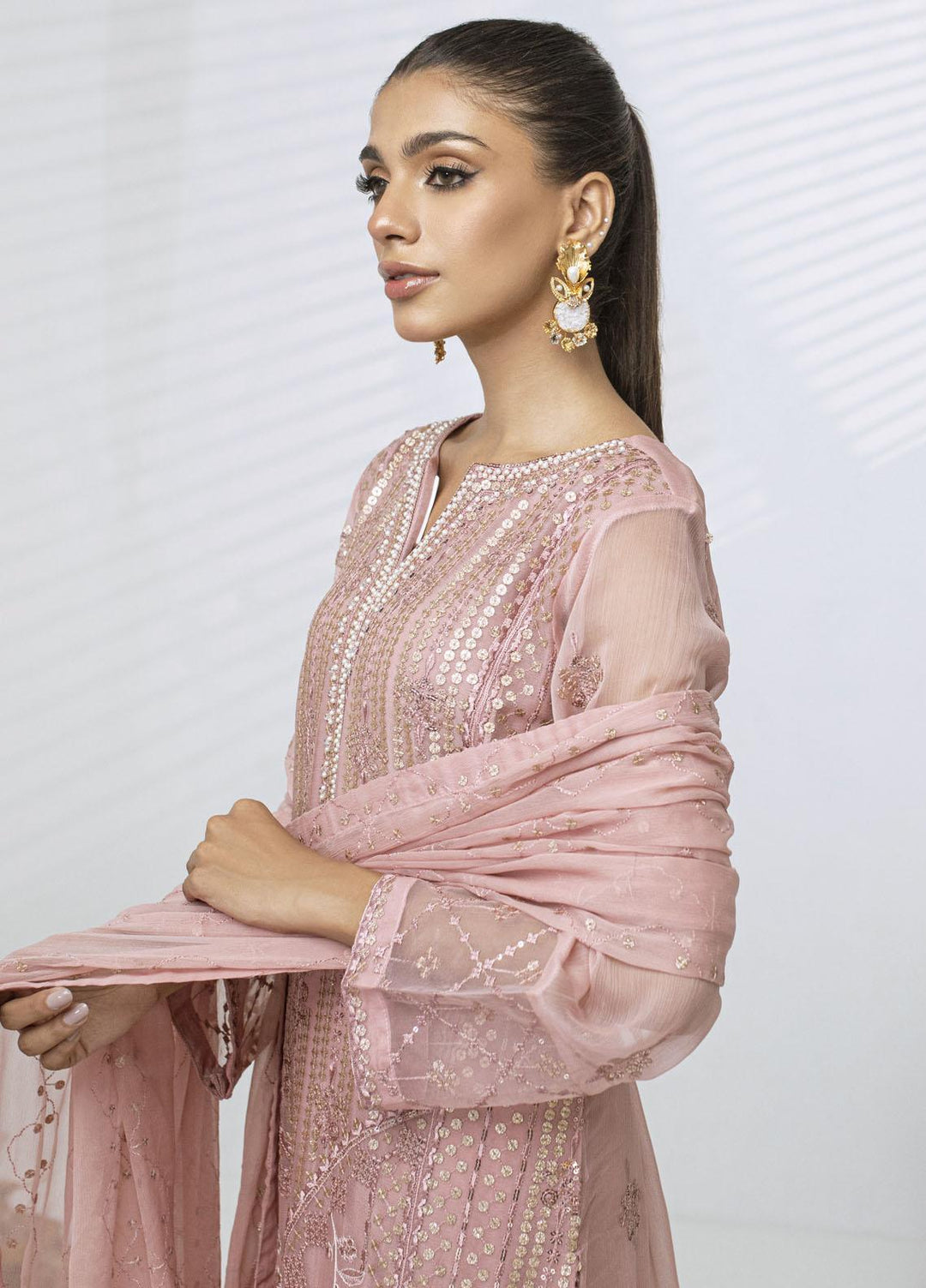 Sitara By Shamooz Embroidered Chiffon Suits Unstitched 4 Piece SHM23ST SU-082 Tea Rose - Festive Collection
