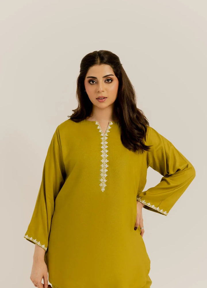 Slay Wear Pret Embroidered Linen 2 Piece Olive Embroidered Set