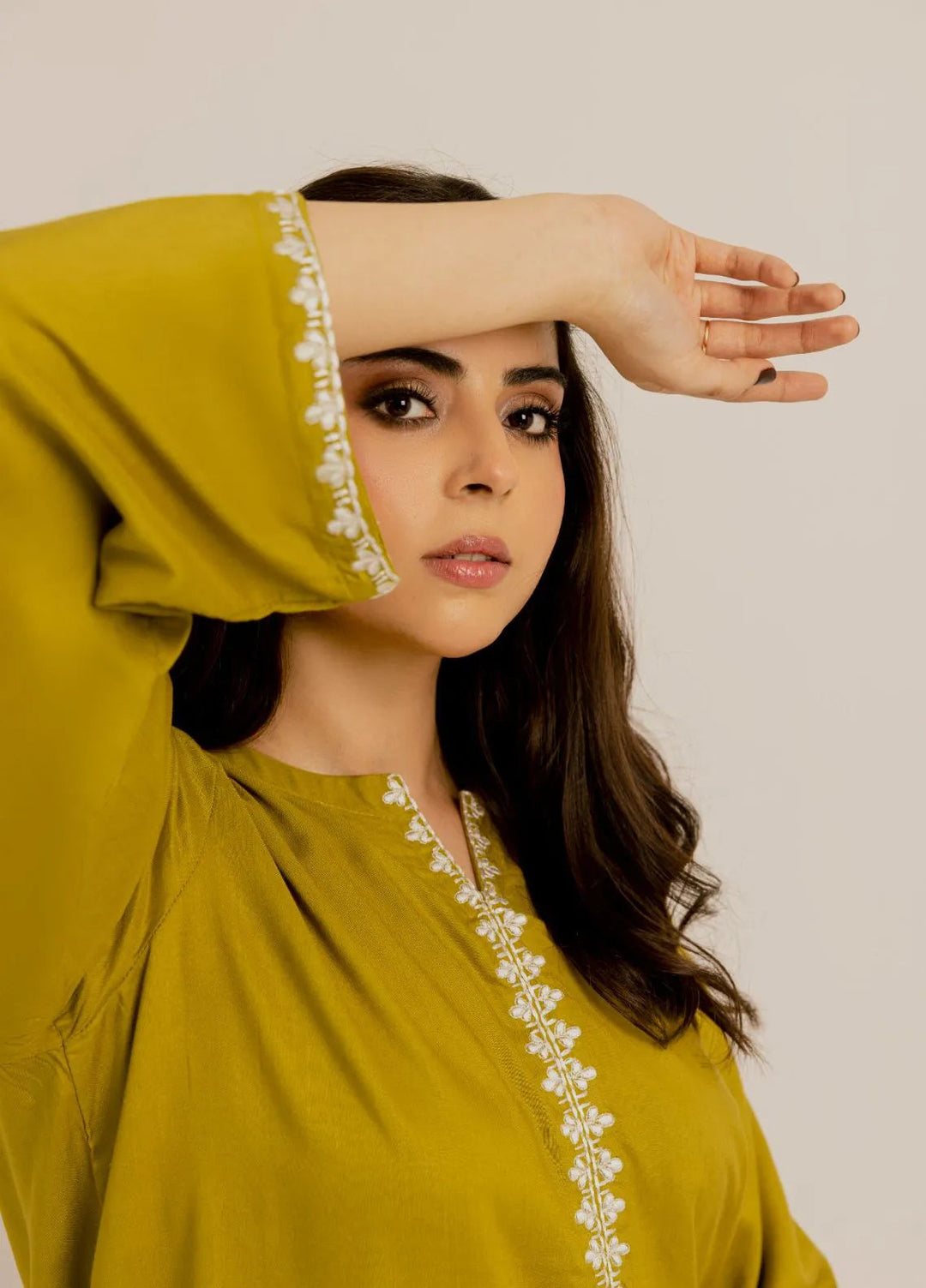 Slay Wear Pret Embroidered Linen 2 Piece Olive Embroidered Set