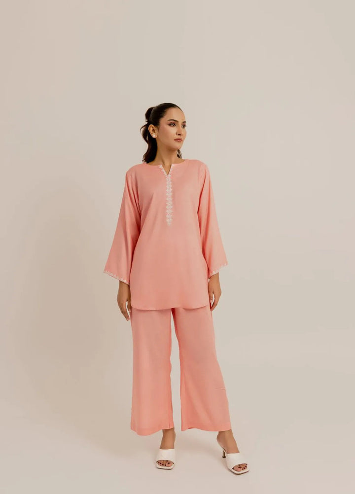 Slay Wear Pret Embroidered Linen 2 Piece Peach Embroidered Set