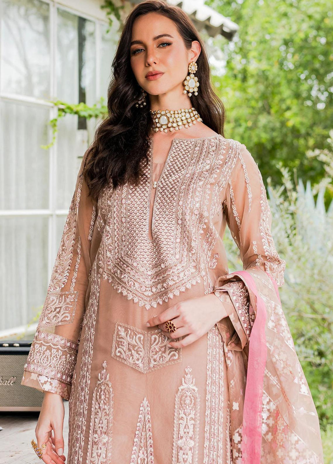 Sorina By Maryum N Maria Embroidered Organza Suits Unstitched 3 Piece MNM23SO MW23-503 Peach Beige - Formal Collection