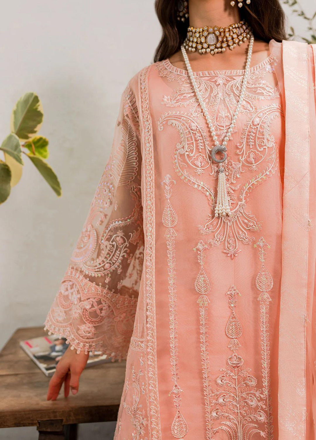 Sorina By Maryum N Maria Embroidered Organza Suits Unstitched 3 Piece MNM23SO MW23-505 Peach Parfait - Formal Collection