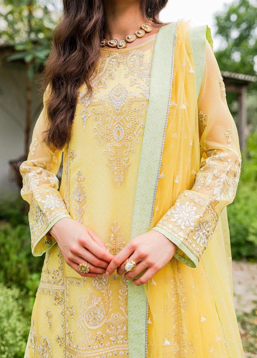 Sorina By Maryum N Maria Embroidered Organza Suits Unstitched 3 Piece MNM23SO MW23-508 Lemon Zest - Formal Collection