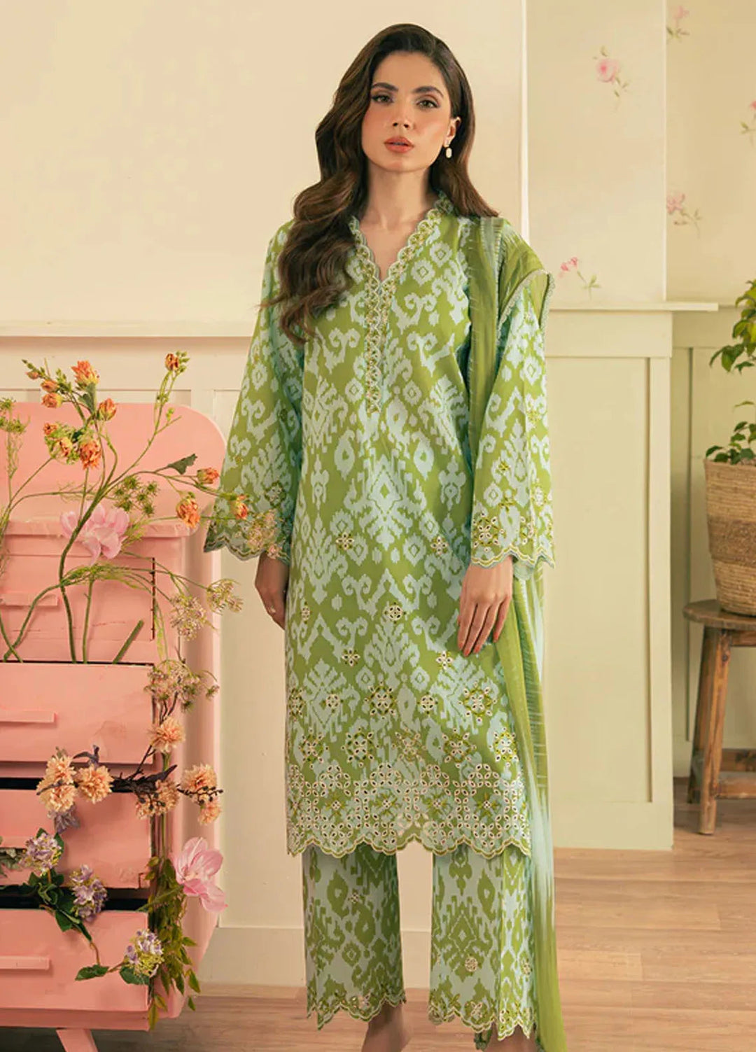 Spring Summer by Sahar Pret Embroidered Cambric 2 Piece Suit Olive Bloom