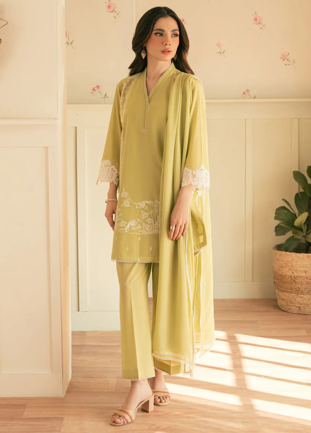 Spring Summer by Sahar Pret Embroidered Cambric 2 Piece Suit Chartreuse Chic