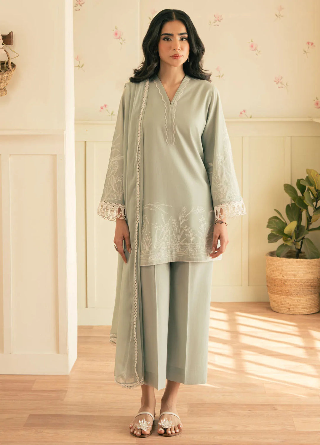 Spring Summer by Sahar Pret Embroidered Cambric 2 Piece Suit Silver Sage