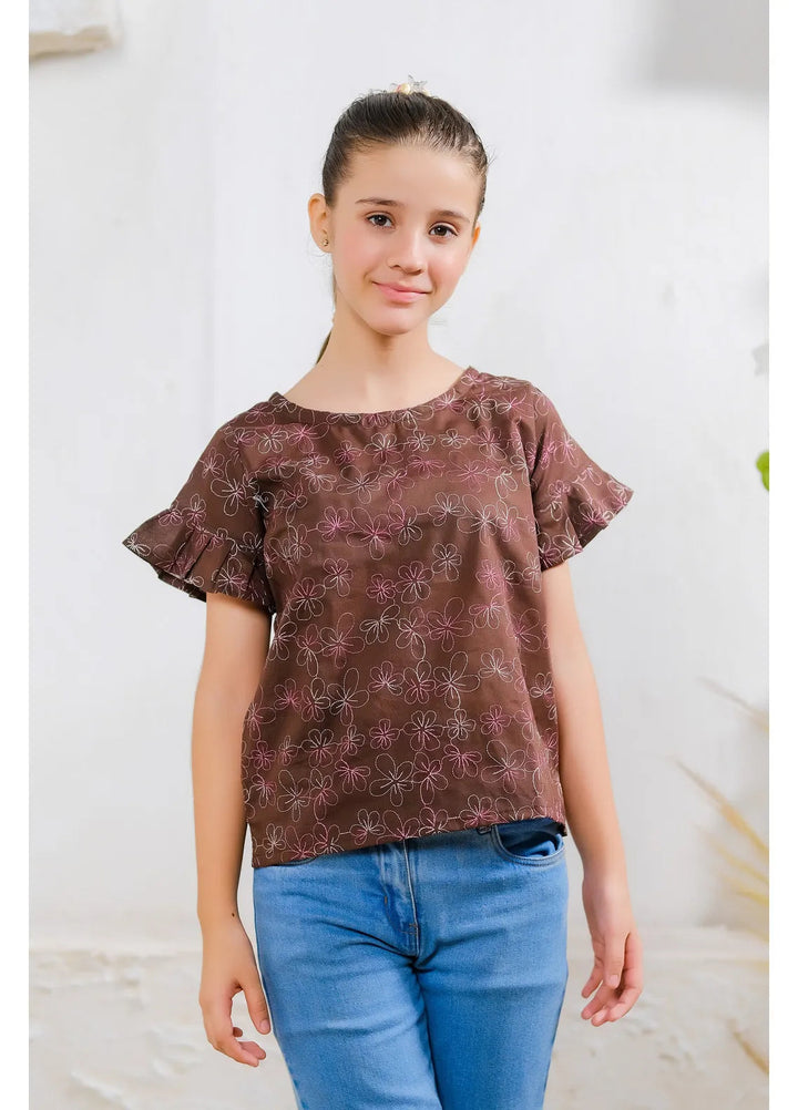 Sprinkles Pret Casual Cotton Shirt Chocolate Floral Embroidered