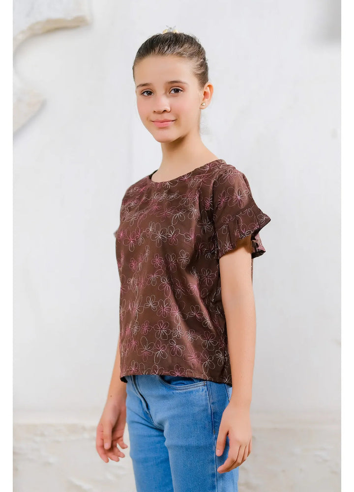 Sprinkles Pret Casual Cotton Shirt Chocolate Floral Embroidered