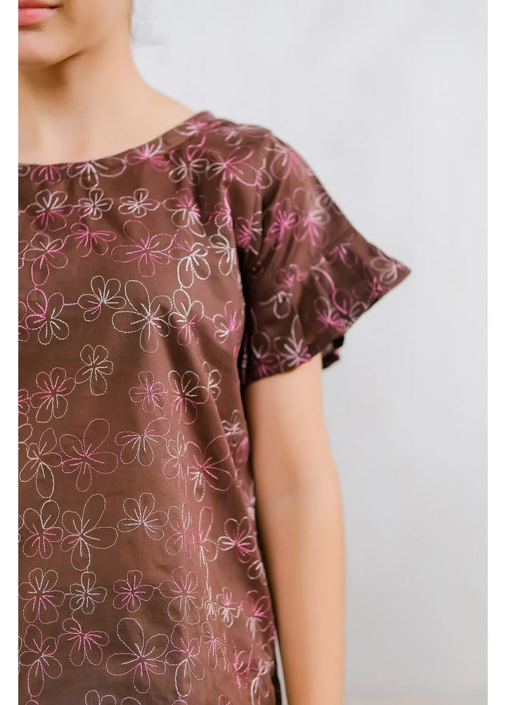 Sprinkles Pret Casual Cotton Shirt Chocolate Floral Embroidered