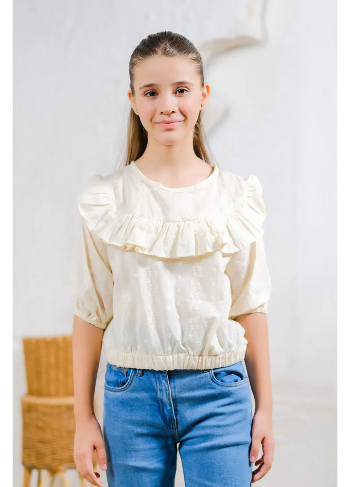 Sprinkles Pret Casual Cotton Shirt Ivory Ruffle Blouse