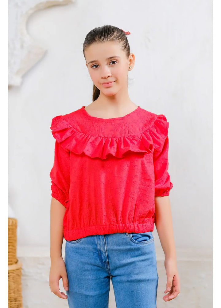 Sprinkles Pret Casual Cotton Shirt Red Ruffle Quarter-Sleeve
