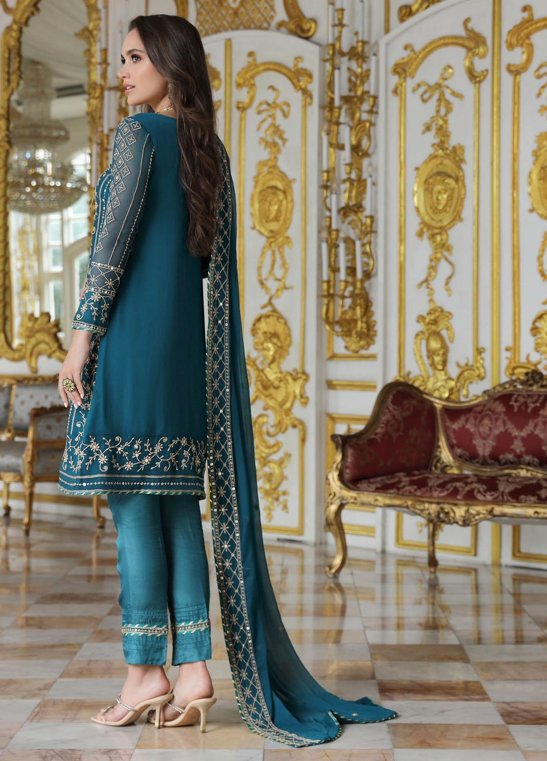 Merakish By Shahzeb Textiles Embroidered Chiffon Suits Unstitched 3 Piece ST23MK-V9 Crystal Teal - Luxury Collection