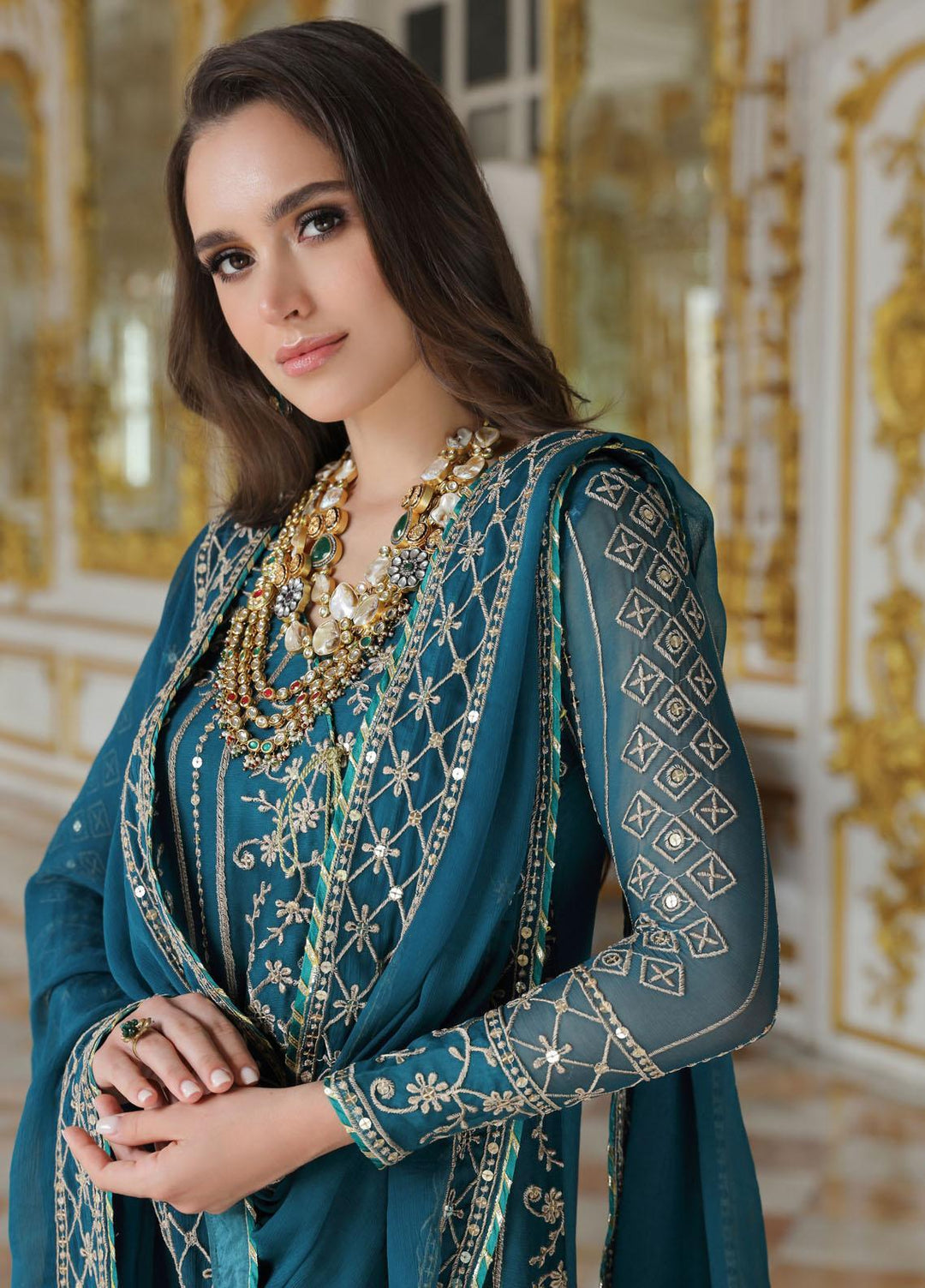 Merakish By Shahzeb Textiles Embroidered Chiffon Suits Unstitched 3 Piece ST23MK-V9 Crystal Teal - Luxury Collection