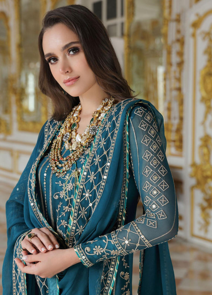 Merakish By Shahzeb Textiles Embroidered Chiffon Suits Unstitched 3 Piece ST23MK-V9 Crystal Teal - Luxury Collection