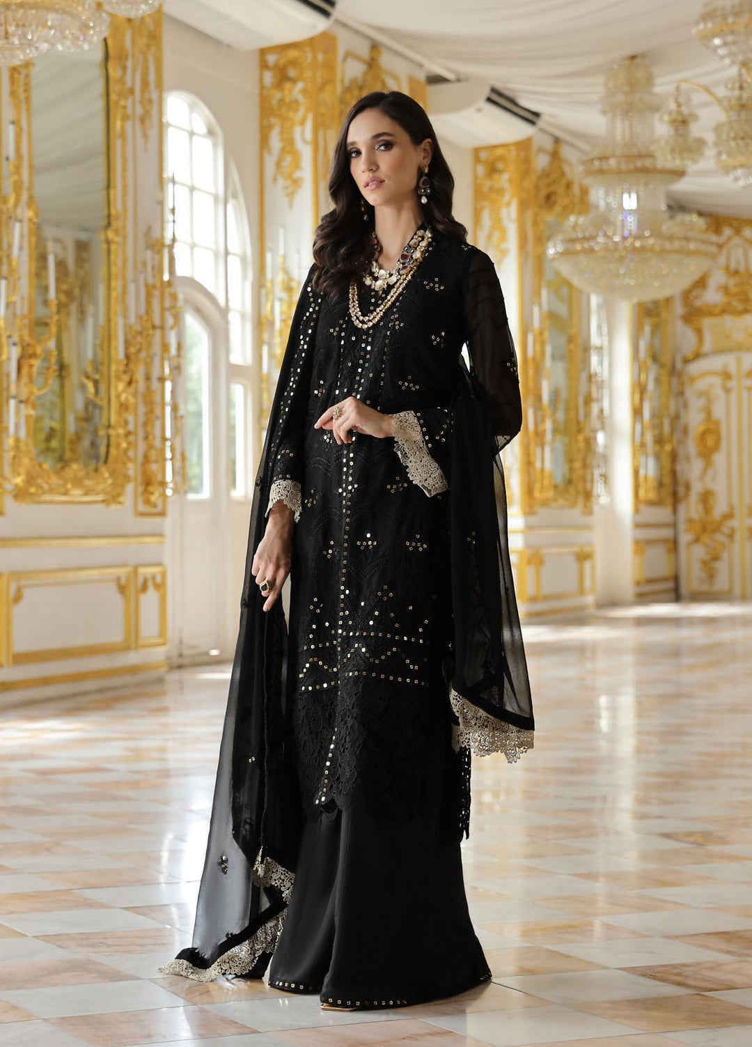 Merakish By Shahzeb Textiles Embroidered Chiffon Suits Unstitched 3 Piece ST23MK-V9 Royal Black - Luxury Collection