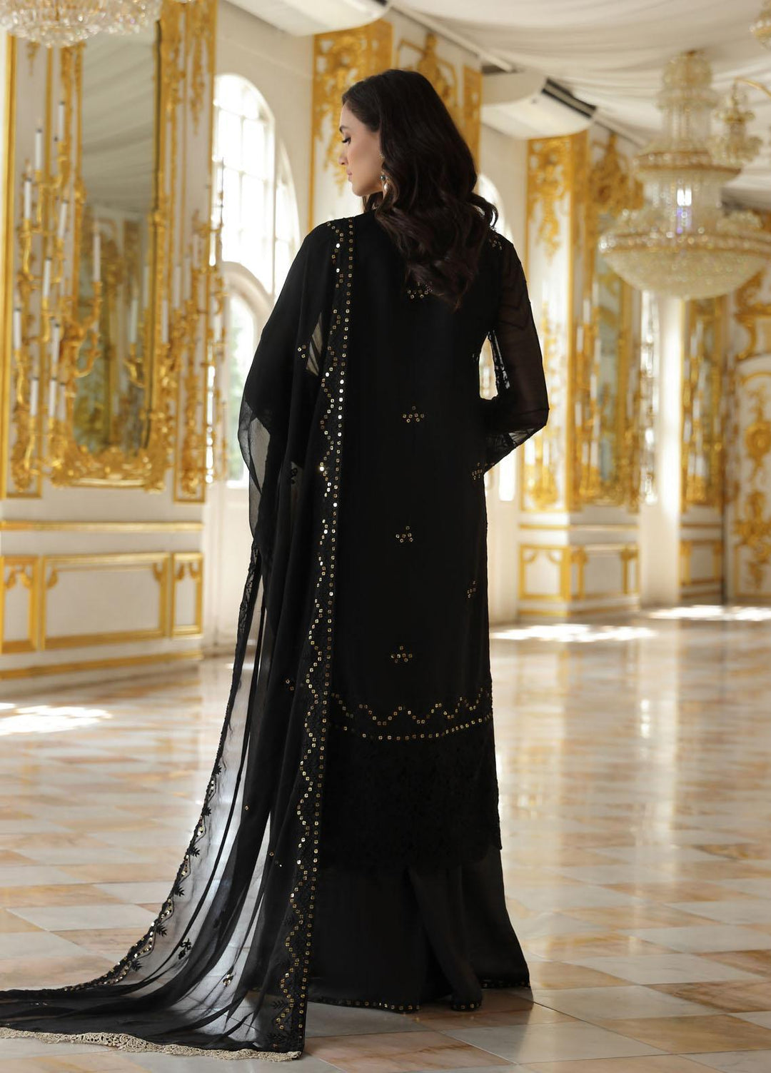 Merakish By Shahzeb Textiles Embroidered Chiffon Suits Unstitched 3 Piece ST23MK-V9 Royal Black - Luxury Collection