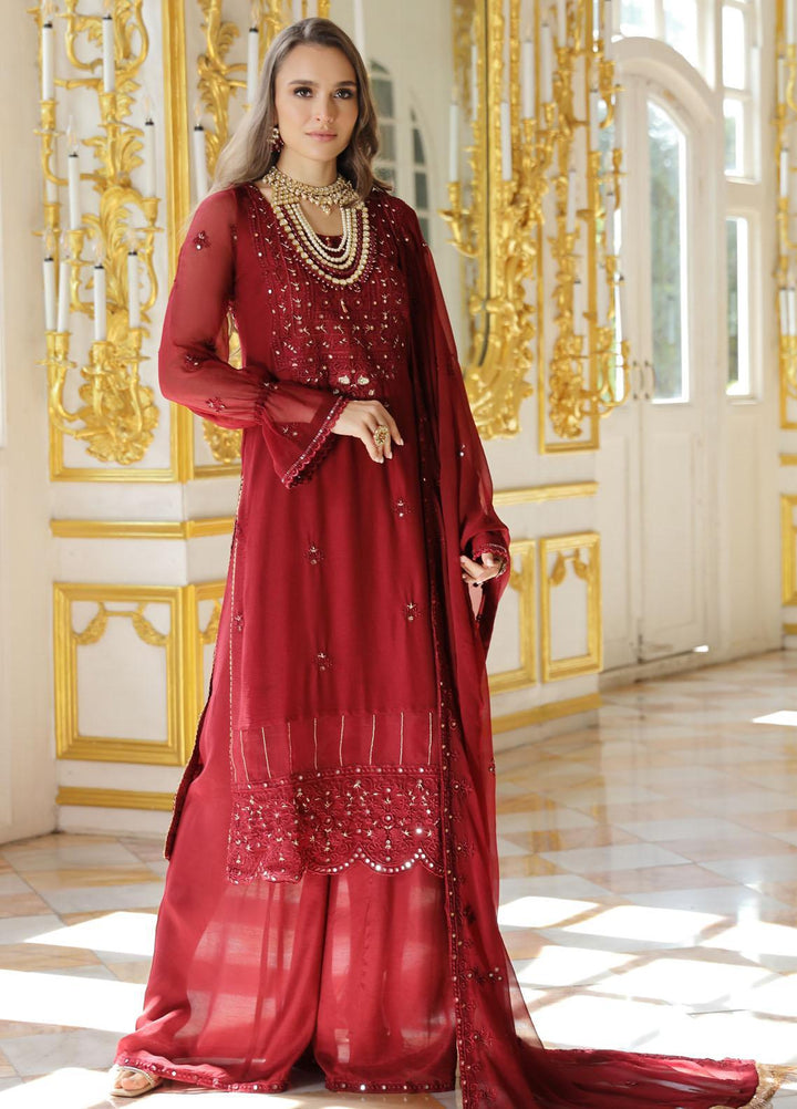 Merakish By Shahzeb Textiles Embroidered Chiffon Suits Unstitched 3 Piece ST23MK-V9 Ruby Red - Luxury Collection