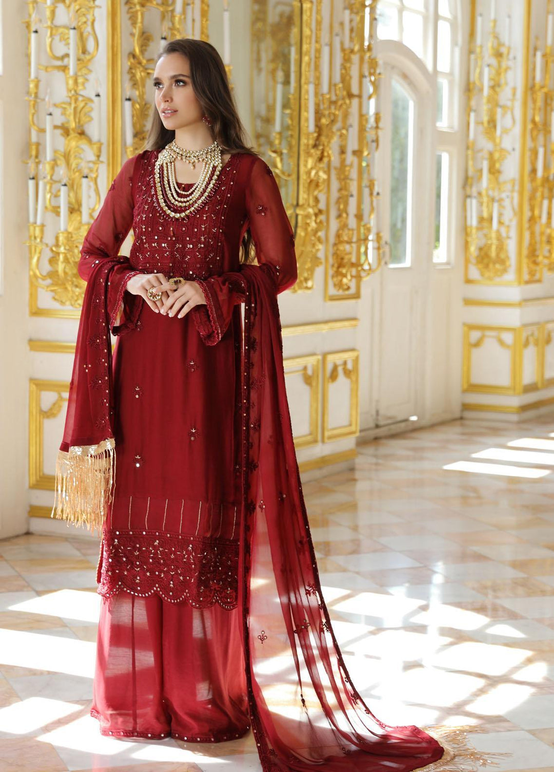 Merakish By Shahzeb Textiles Embroidered Chiffon Suits Unstitched 3 Piece ST23MK-V9 Ruby Red - Luxury Collection