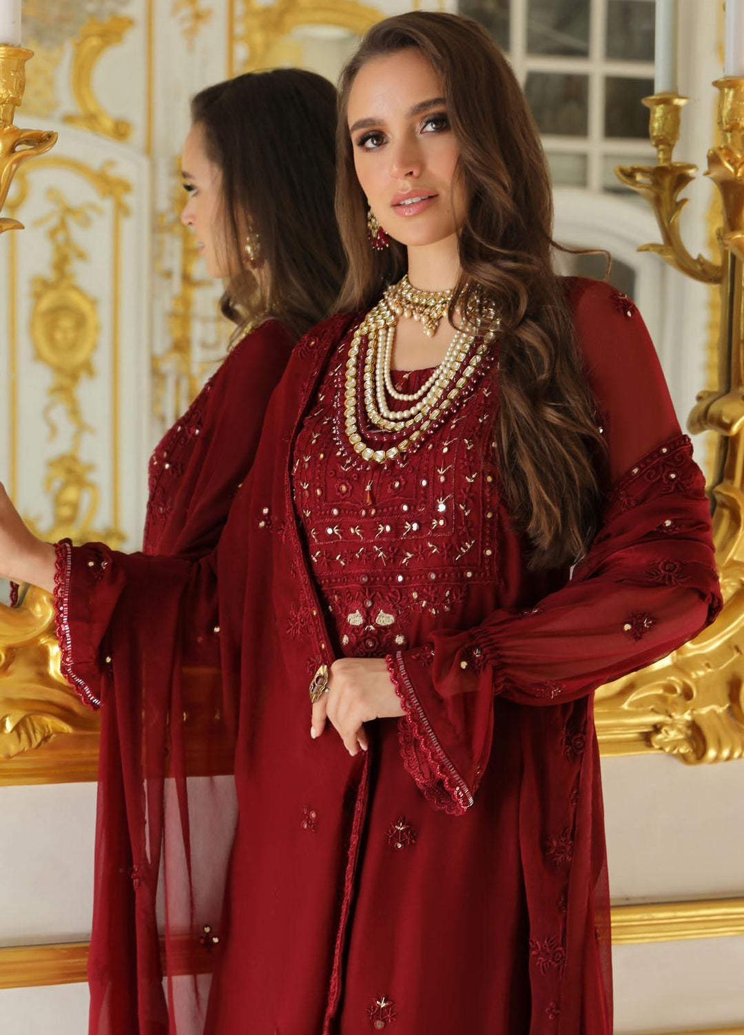 Merakish By Shahzeb Textiles Embroidered Chiffon Suits Unstitched 3 Piece ST23MK-V9 Ruby Red - Luxury Collection