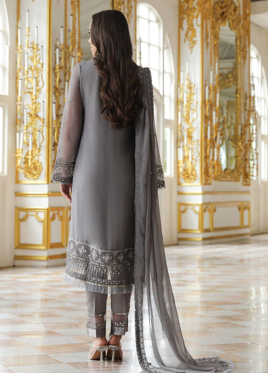 Merakish By Shahzeb Textiles Embroidered Chiffon Suits Unstitched 3 Piece ST23MK-V9 Shark gray - Luxury Collection