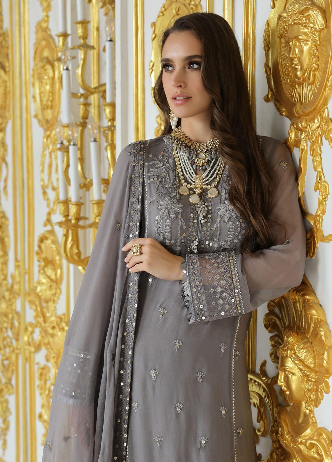 Merakish By Shahzeb Textiles Embroidered Chiffon Suits Unstitched 3 Piece ST23MK-V9 Shark gray - Luxury Collection