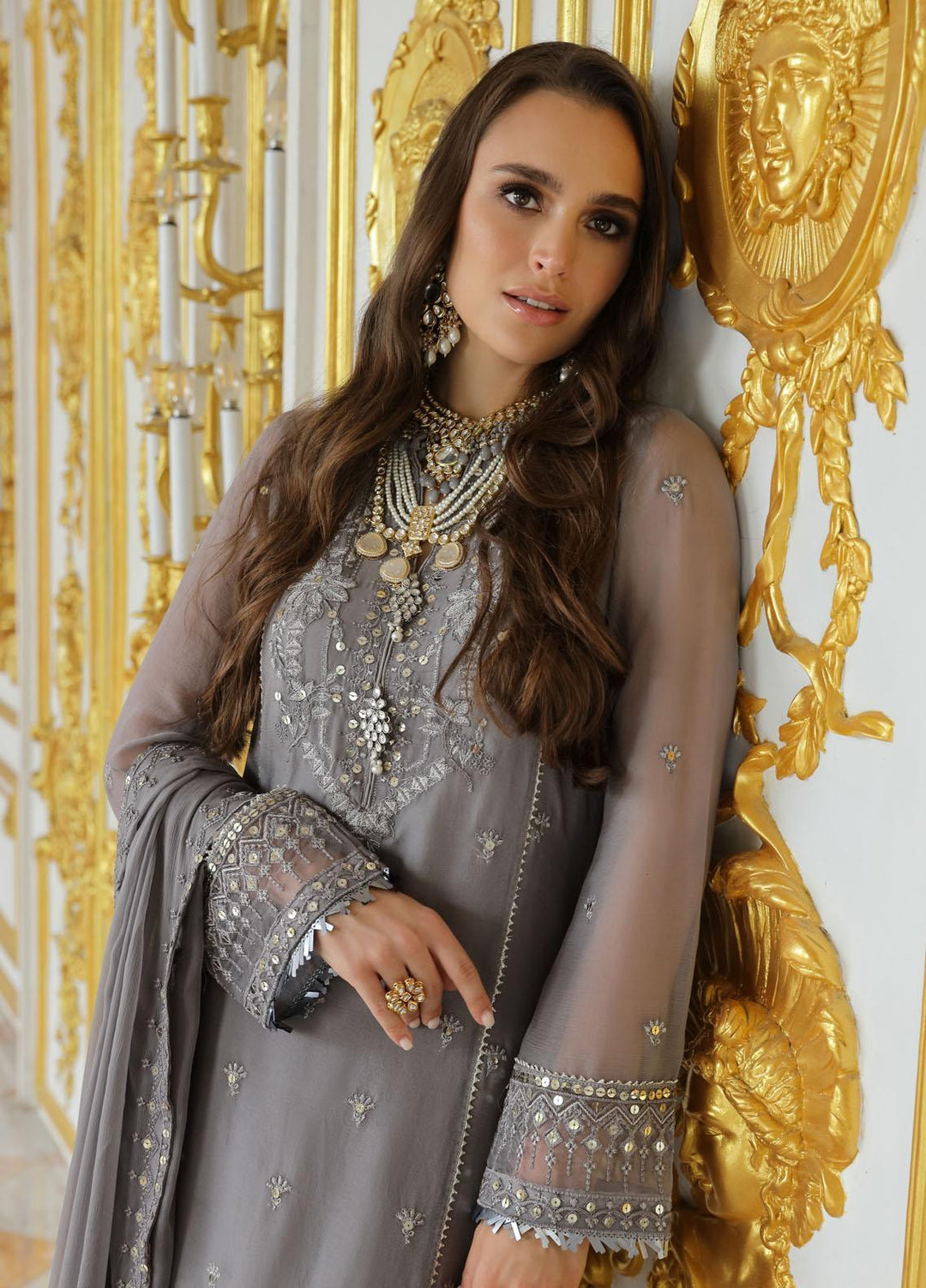 Merakish By Shahzeb Textiles Embroidered Chiffon Suits Unstitched 3 Piece ST23MK-V9 Shark gray - Luxury Collection