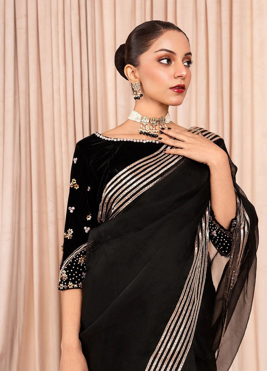 Stitch Vibes Pret Dyed Velvet Saree Marli Onyx