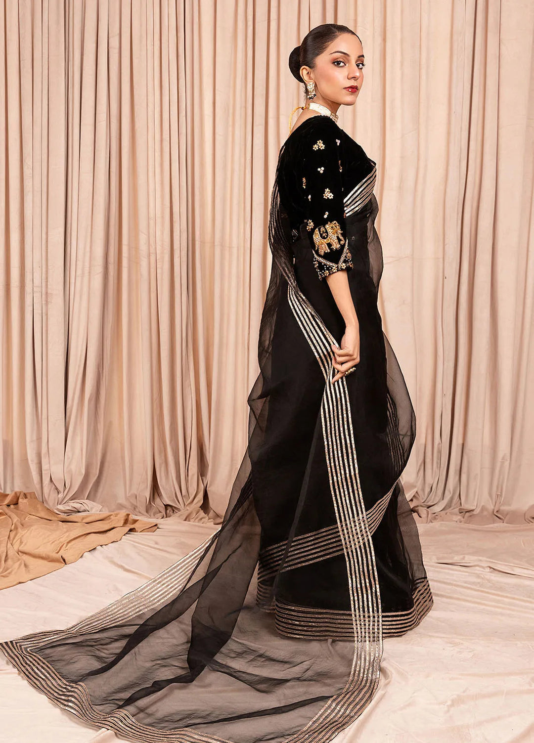 Stitch Vibes Pret Dyed Velvet Saree Marli Onyx