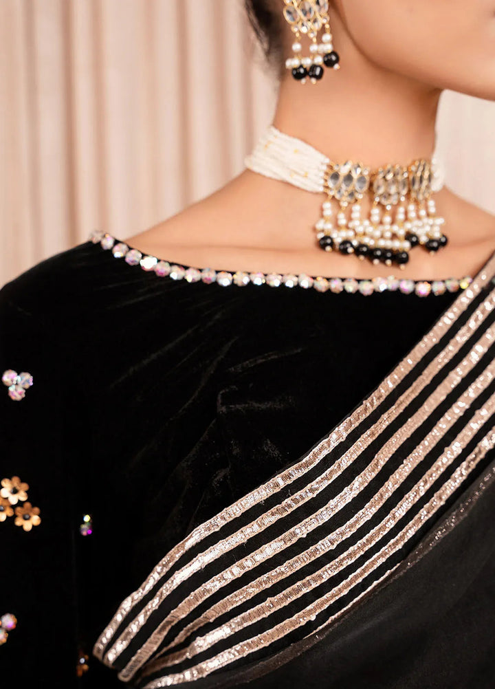 Stitch Vibes Pret Dyed Velvet Saree Marli Onyx