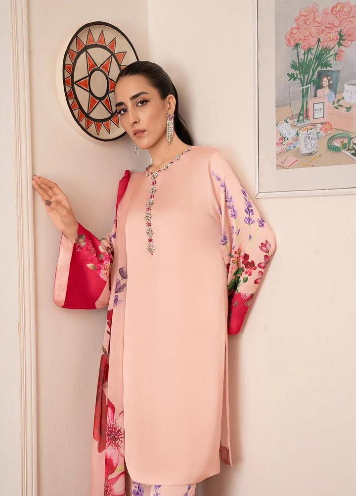 Stitch Vibes Pret Embroidered Silk 3 Piece Suit Peach Pink Dress