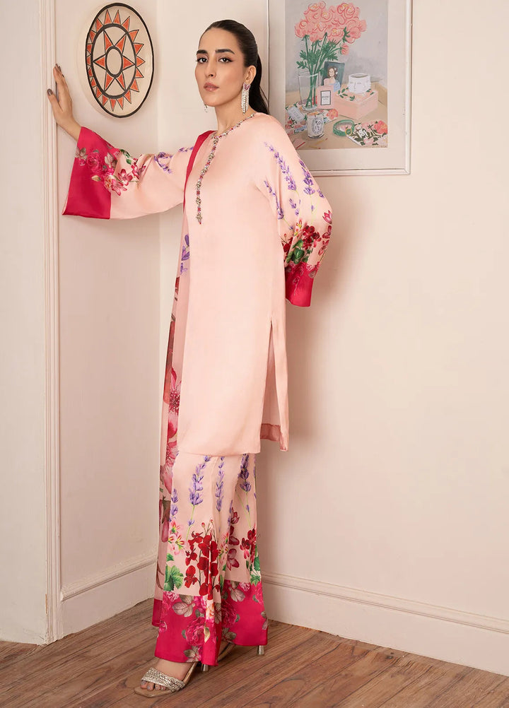 Stitch Vibes Pret Embroidered Silk 3 Piece Suit Peach Pink Dress