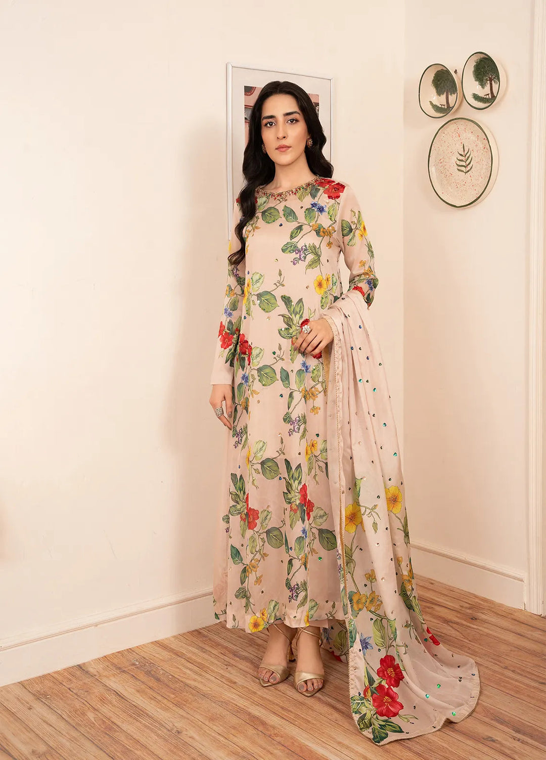 Stitch Vibes Pret Embroidered Silk 4 Piece Suit Beige Silk Dress