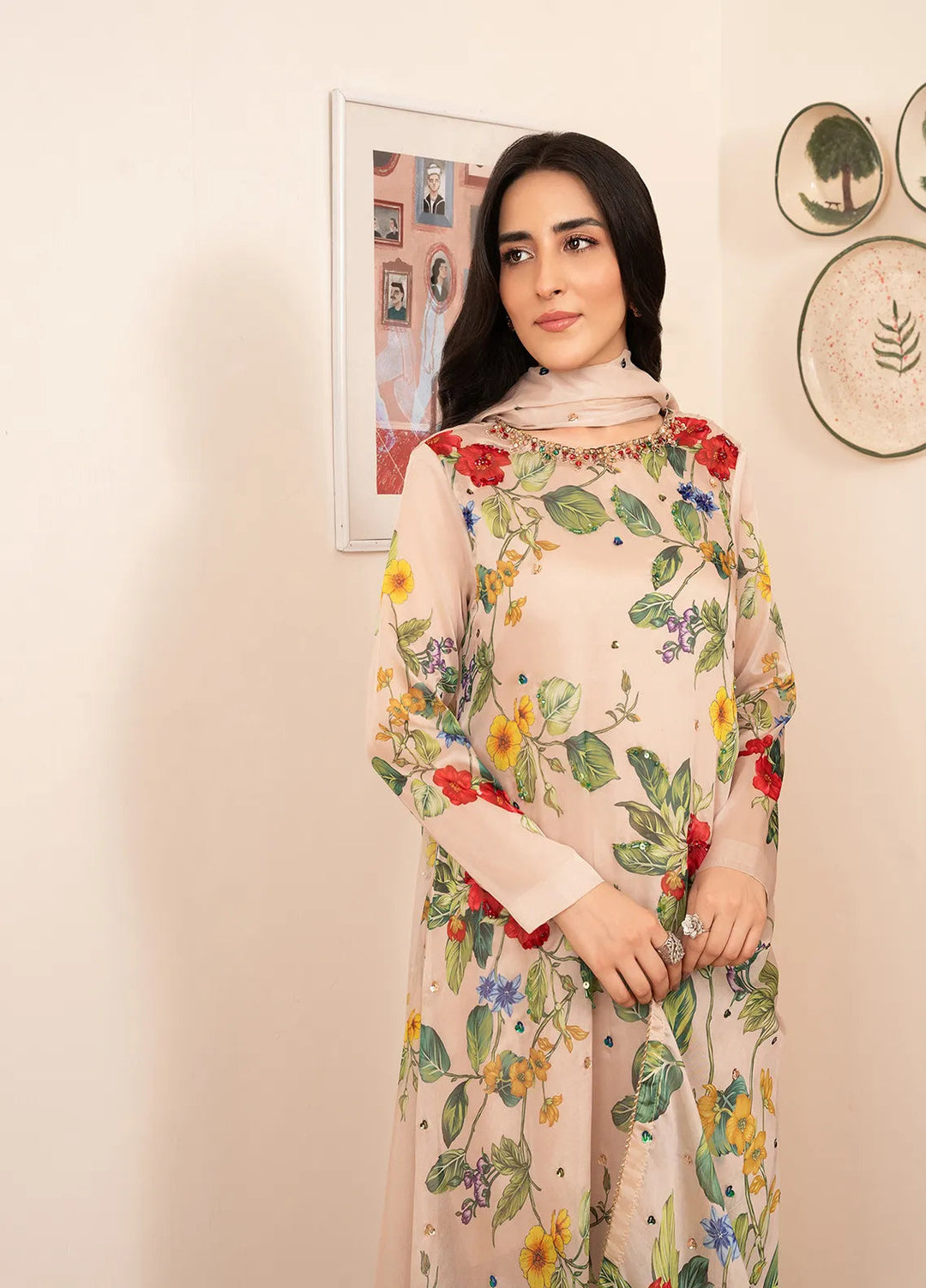 Stitch Vibes Pret Embroidered Silk 4 Piece Suit Beige Silk Dress