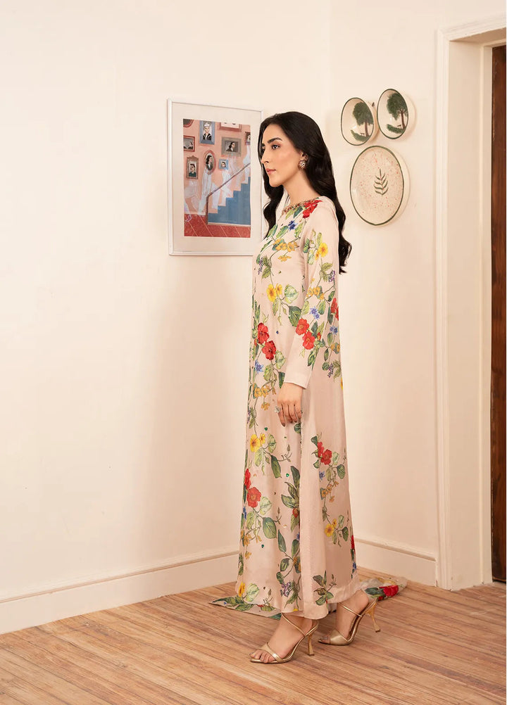 Stitch Vibes Pret Embroidered Silk 4 Piece Suit Beige Silk Dress