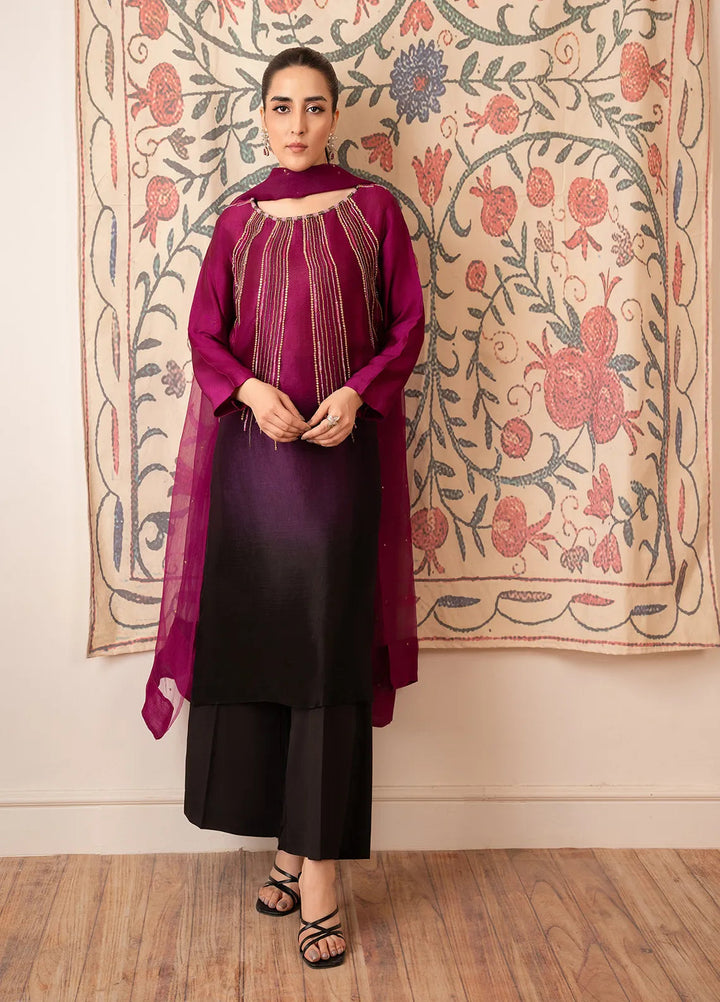 Stitch Vibes Pret Embroidered Tissue Silk 3 Piece Magenta Tonal Embellished Dress