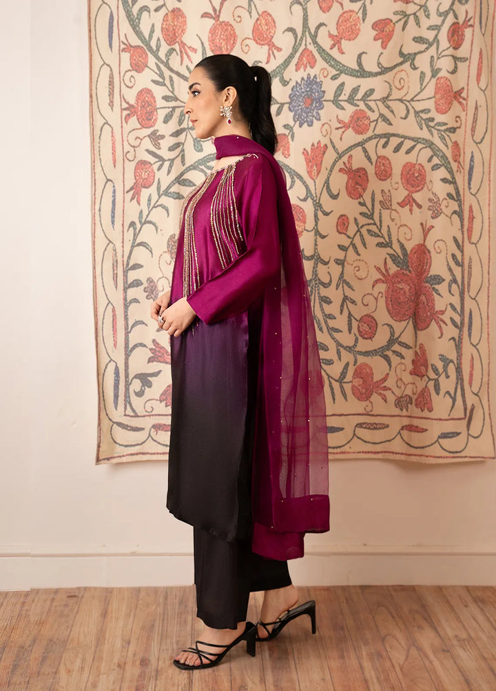 Stitch Vibes Pret Embroidered Tissue Silk 3 Piece Magenta Tonal Embellished Dress