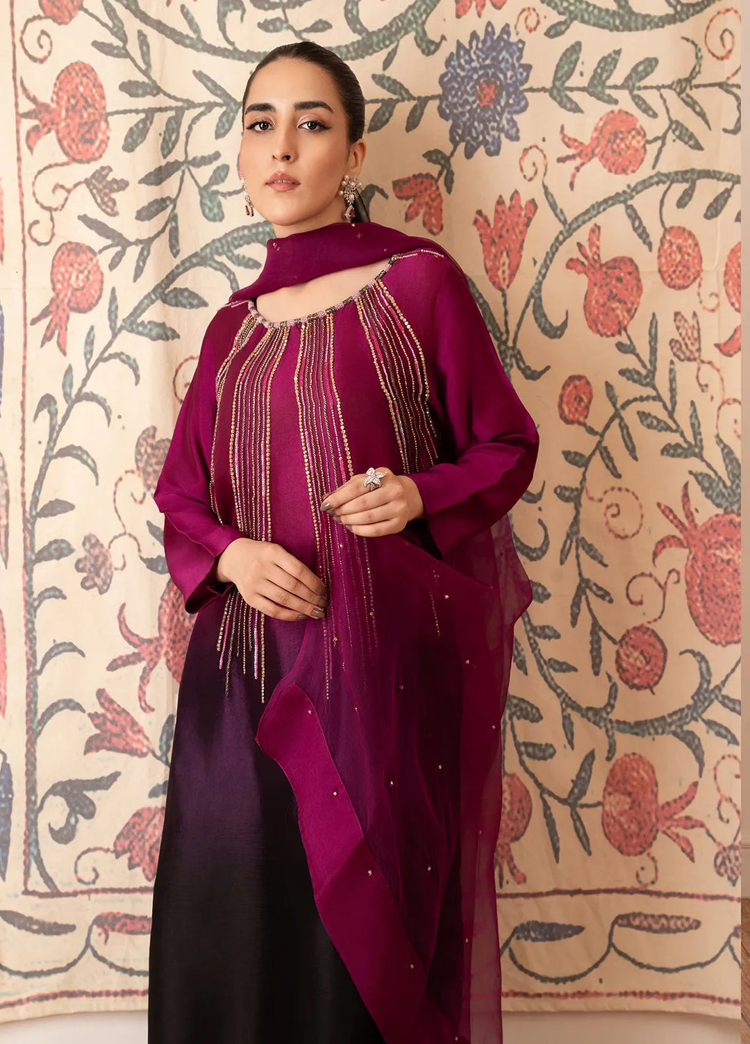 Stitch Vibes Pret Embroidered Tissue Silk 3 Piece Magenta Tonal Embellished Dress