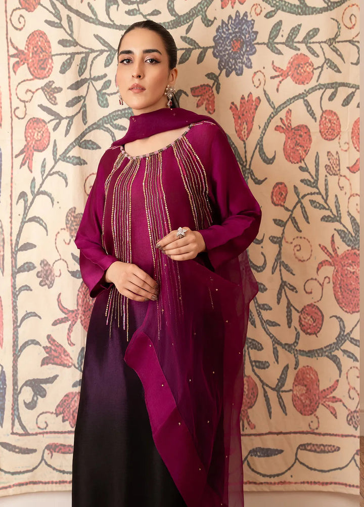 Stitch Vibes Pret Embroidered Tissue Silk 3 Piece Magenta Tonal Embellished Dress