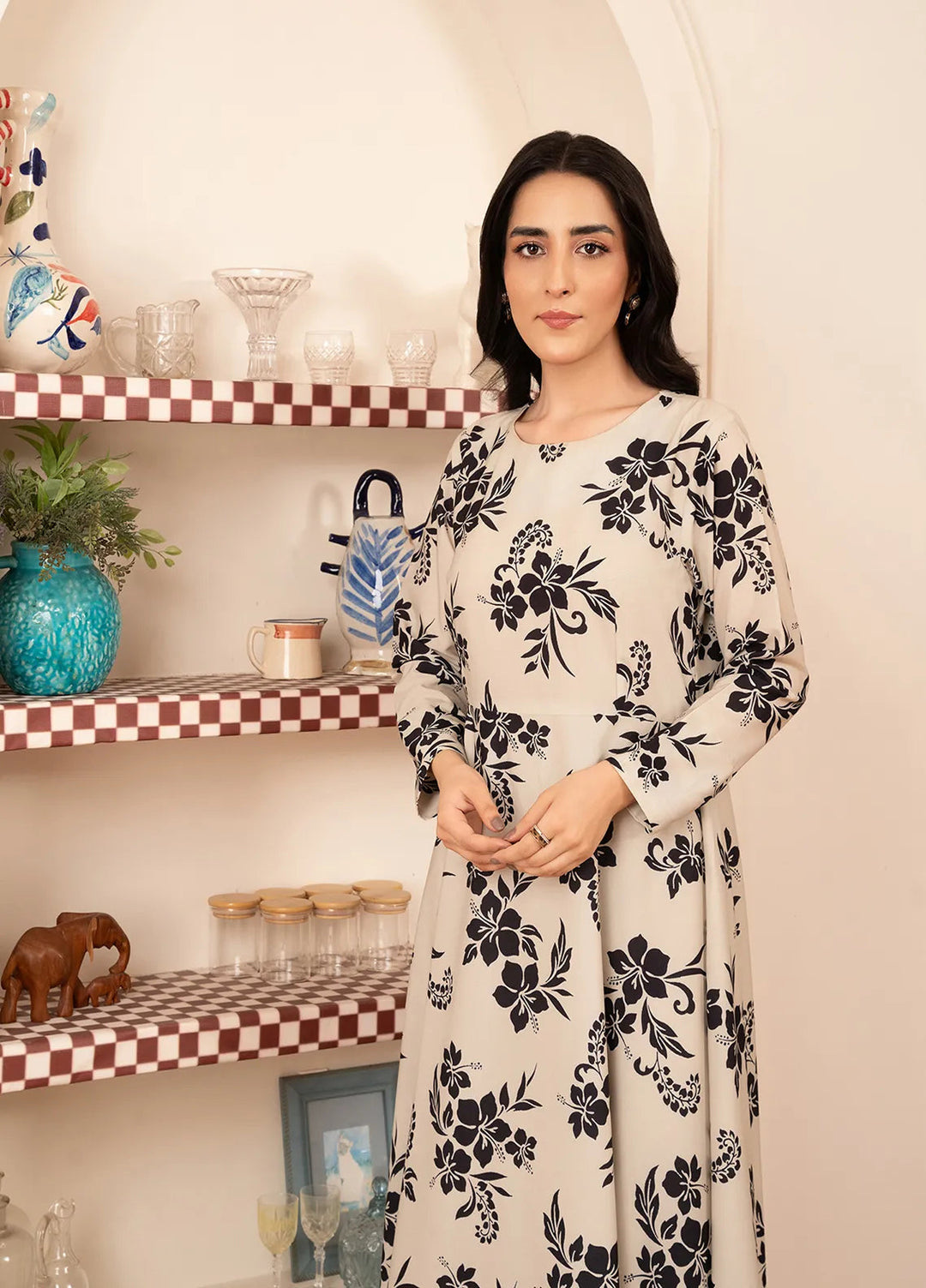 Stitch Vibes Pret Printed Crepe 2 Piece Suit Beige Floral Maxi