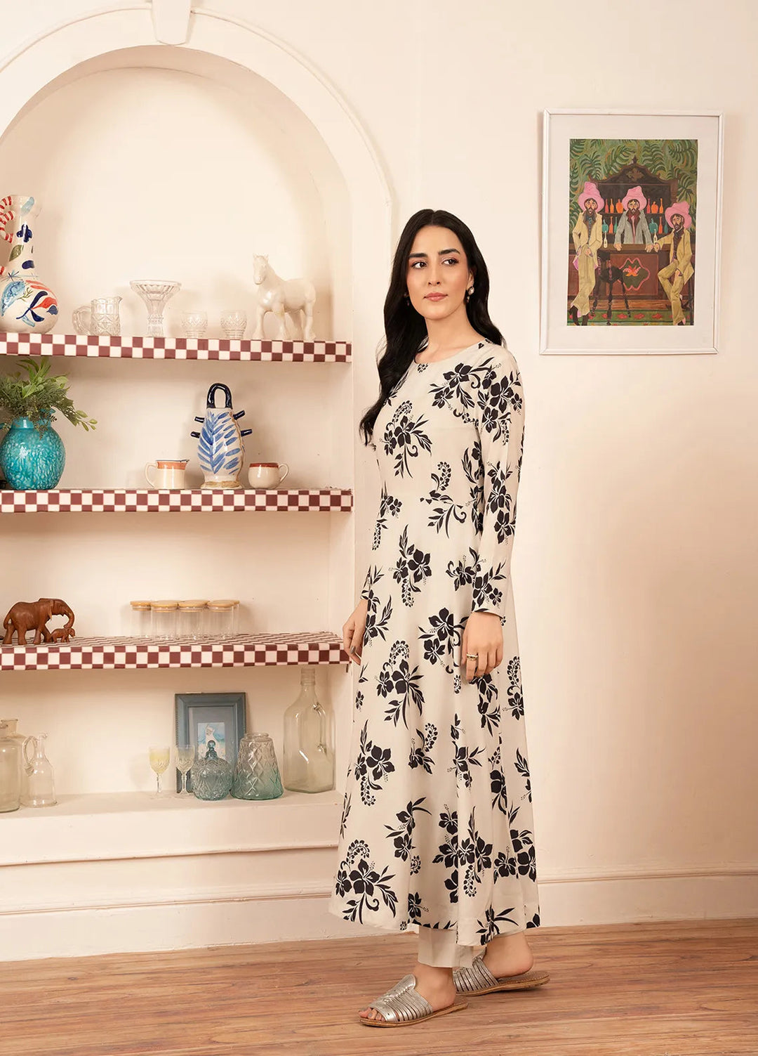 Stitch Vibes Pret Printed Crepe 2 Piece Suit Beige Floral Maxi