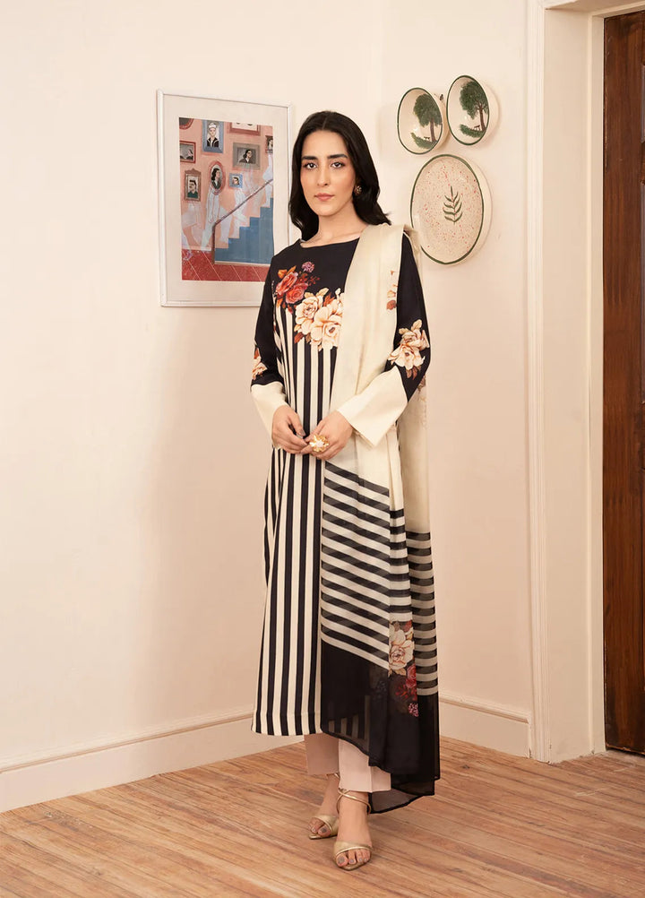 Stitch Vibes Pret Printed Crepe 3 Piece Suit Black Striped Dress
